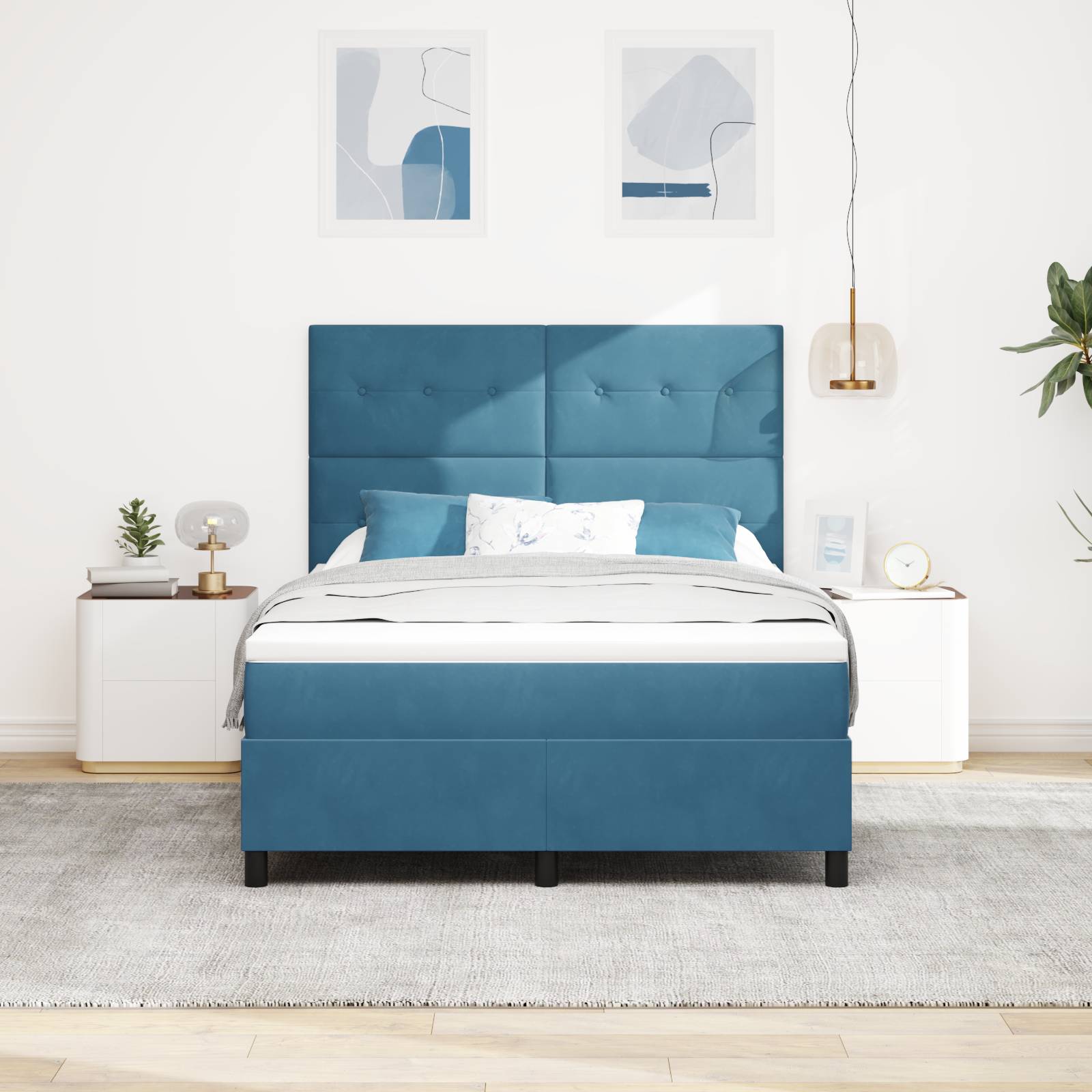 vidaXL LED Boxspringbett mit Matratze Dunkelblau 140x190 cm Samt