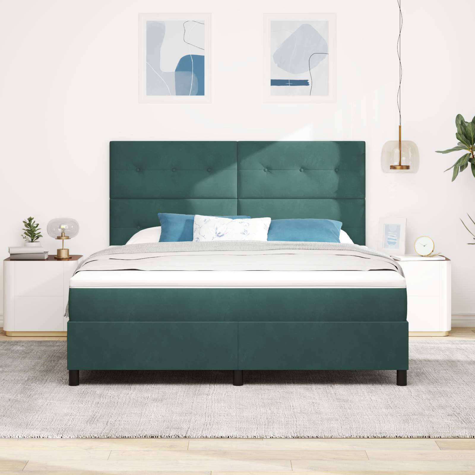 vidaXL Boxspringbett mit Matratze Dunkelgrün Samt