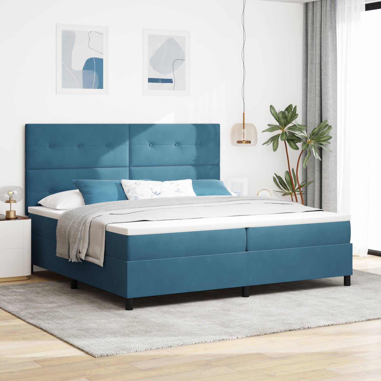vidaXL LED Boxspringbett mit Matratze Dunkelblau 200x200 cm Samt