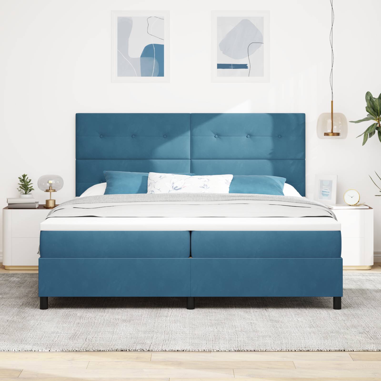 vidaXL LED Boxspringbett mit Matratze Dunkelblau 200x200 cm Samt