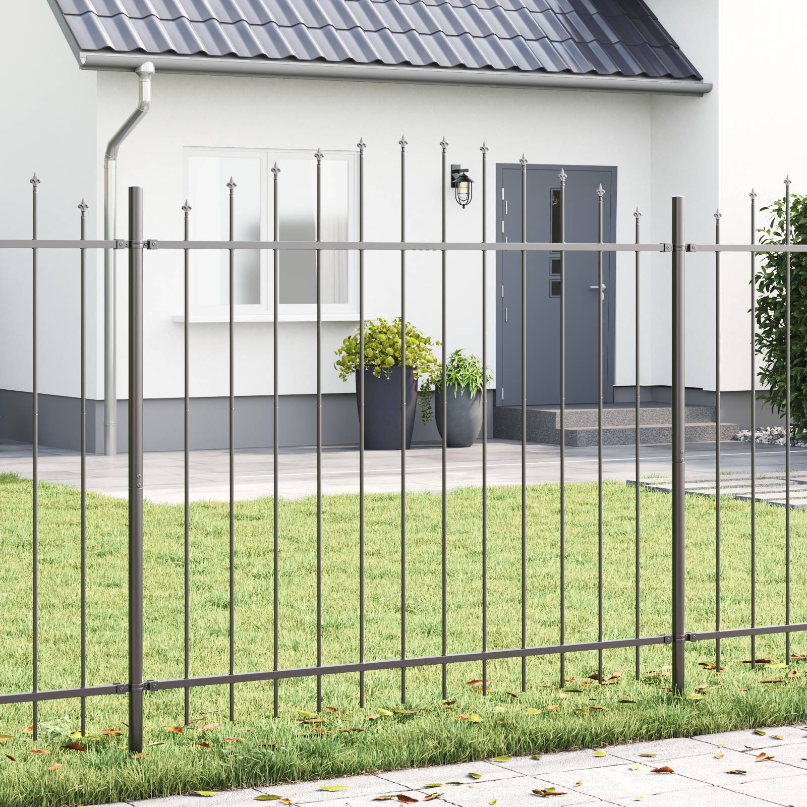 vidaXL Gartenzaun mit Bogenoberteil Grau 3,4x1,5 m Stahl
