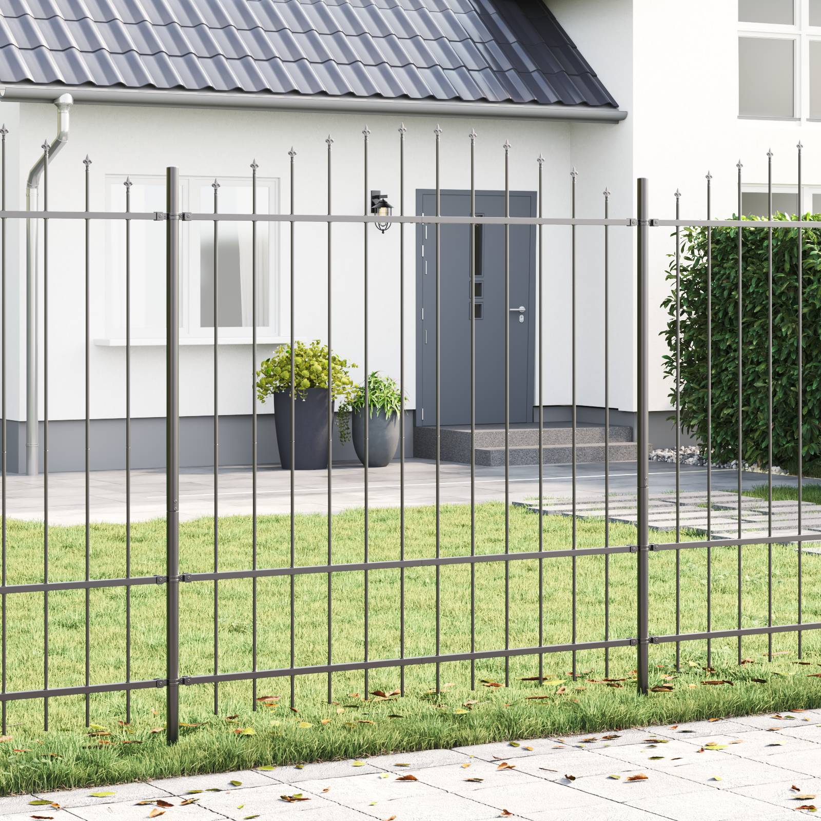 vidaXL Gartenzaun mit Bogenoberteil Grau 5,1x1,75 m Stahl