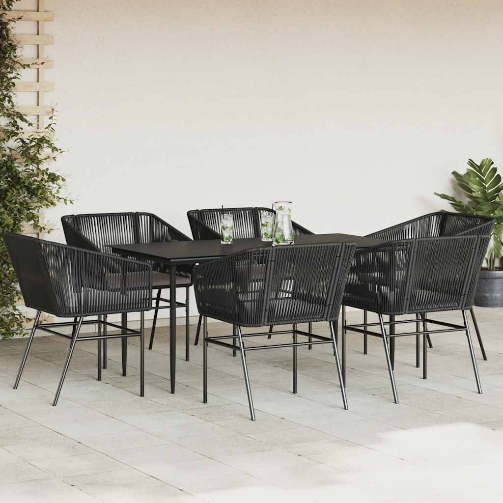 vidaXL 7-tlg. Garten-Essgruppe mit Kissen Schwarz Poly Rattan Glas