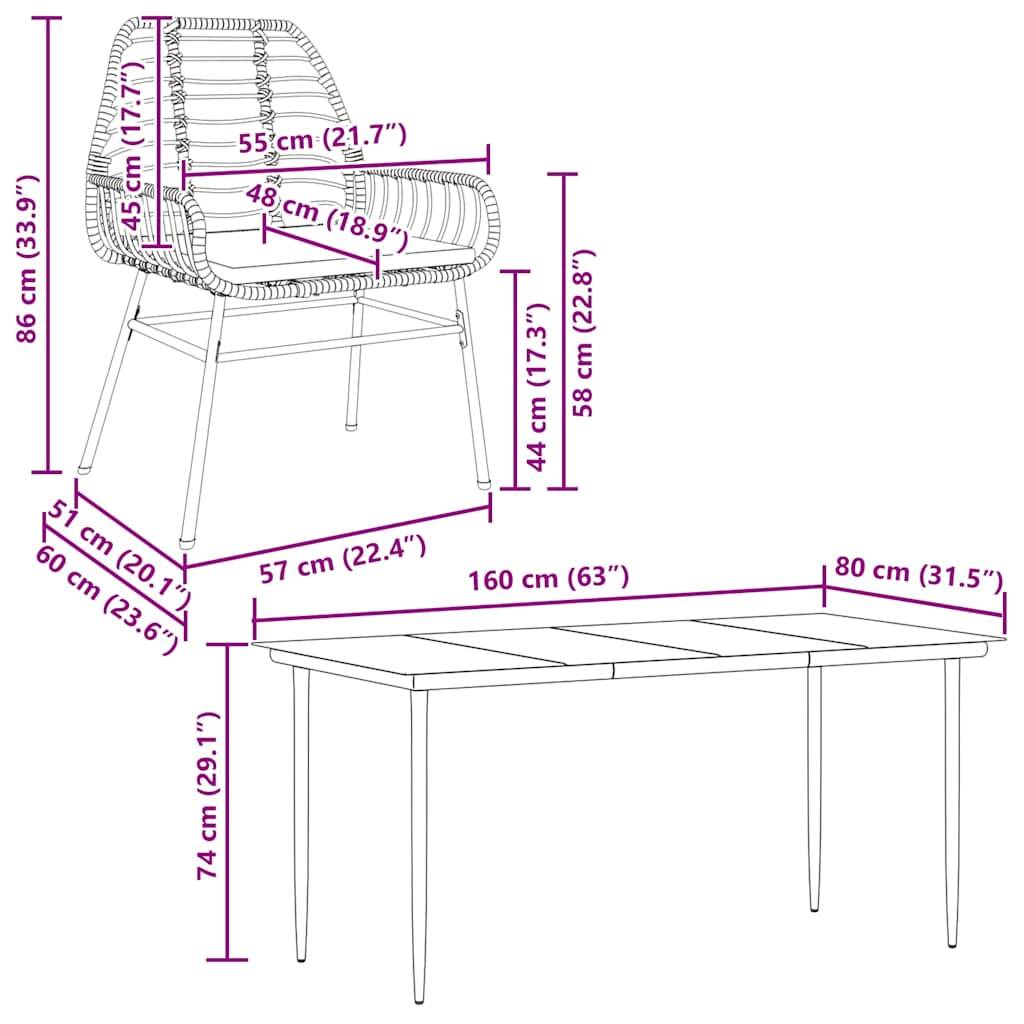 vidaXL 7-tlg. Garten-Essgruppe mit Kissen Braun Poly Rattan Glas
