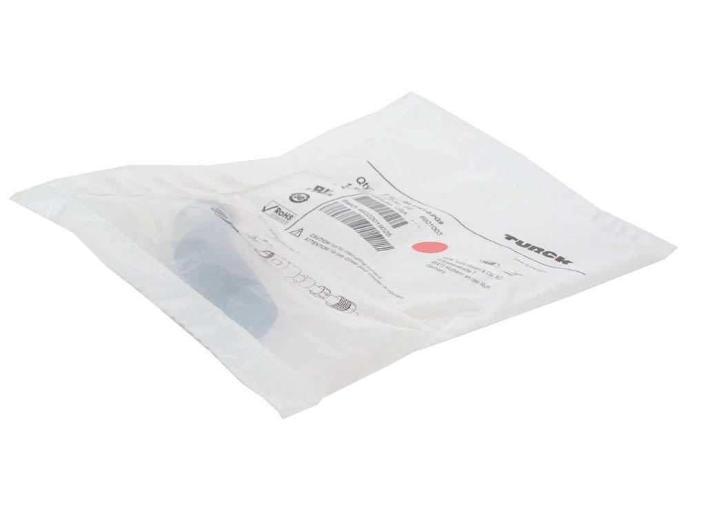 Klare Kunststoff-Sterilbeutel mit Etikett und Barcode, verwendet zur Verpackung von medizinischen oder Laborinstrumenten.