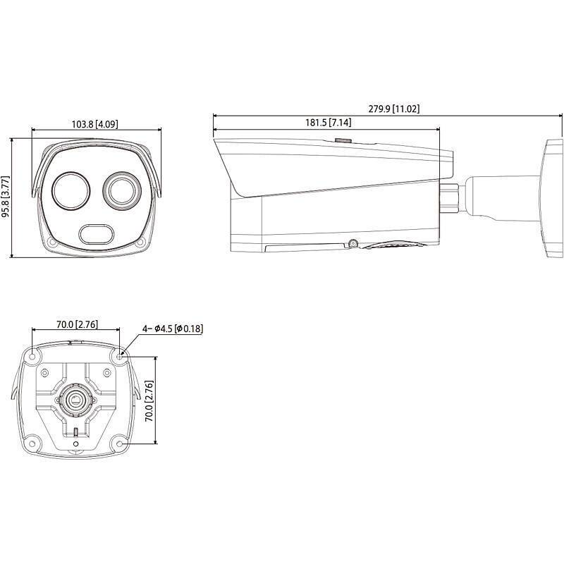 Technische Zeichnungen einer Sicherheitskamera mit Abmessungen: Vorderansicht 98,8 mm, Seitenansicht 181,5 mm, Unteransicht 700 mm.