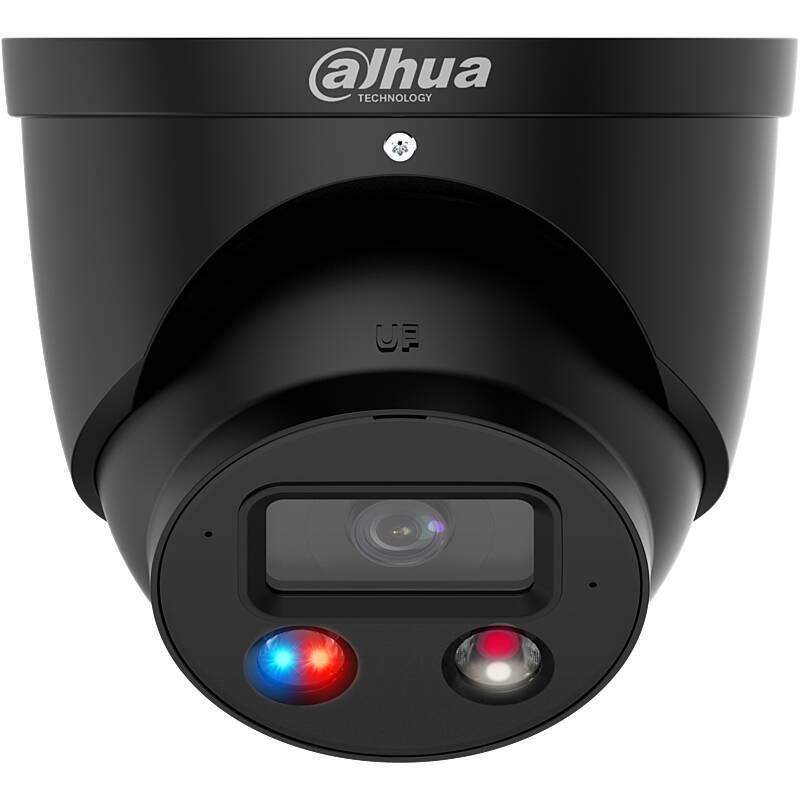 Sicherheitskamera mit Nachtsichtfunktion und farbigen LED-Leuchten für verbesserte Sichtbarkeit, gekennzeichnet mit 'Dahua Technology'.