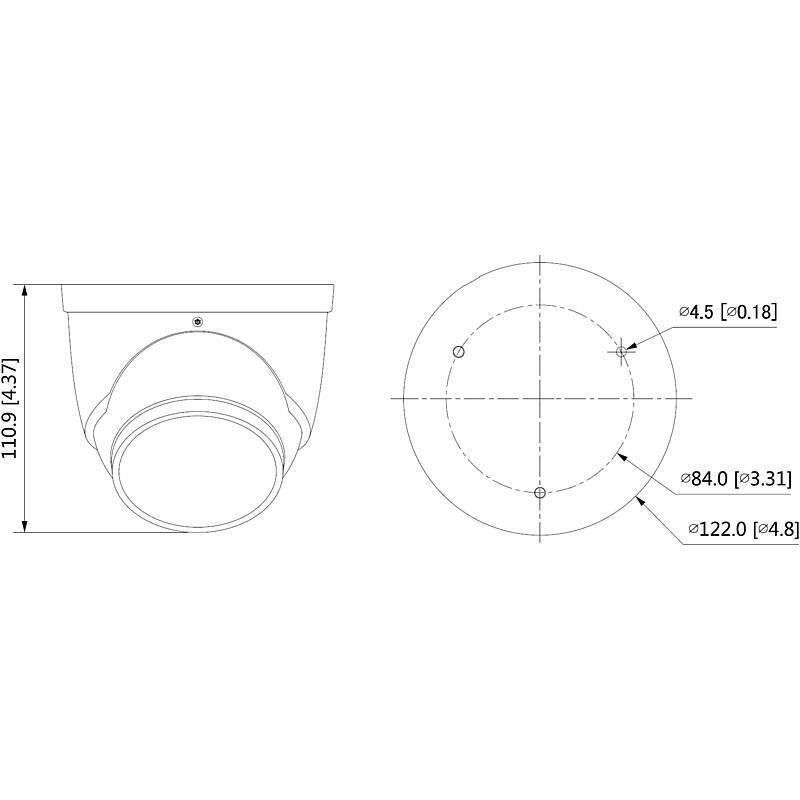 „Technische Zeichnung einer Domenkamera mit Abmessungen. Die Seitenansicht zeigt eine Höhe von 110,9 mm; die Draufsicht zeigt Durchmesser von 84 mm und 122 mm.