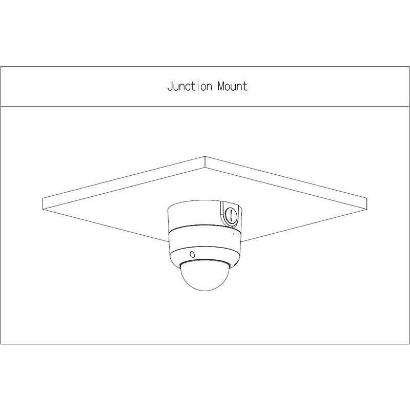 Strichzeichnung einer an einer Deckenabzweigdose montierten Überwachungskamera, beschriftet mit „Junction Mount