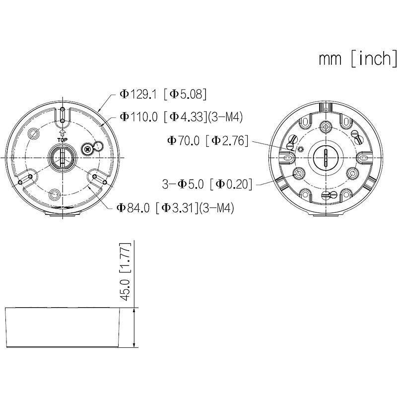 Technisches Diagramm eines kreisförmigen mechanischen Teils mit Abmessungen in Millimetern und Zoll. Ober- und Seitenansichten zeigen verschiedene Radien und Bohrungspositionen.