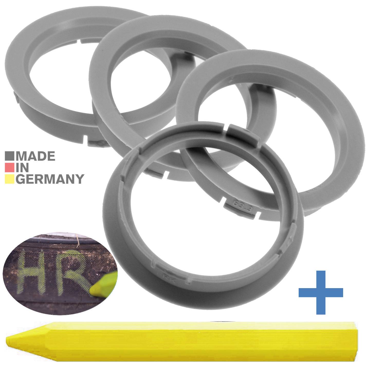 4x BRANDT Zentrierringe 63,3 x 54,1 mm Hellgrau Radnabe Felgen Ringe + 1x Reifen Kreide Fett Stift