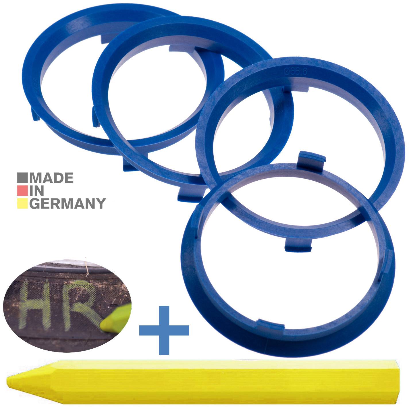 4x BRANDT Zentrierringe 71,6 x 66,6 mm Blau Radnabe Felgen Ringe + 1x Reifen Kreide Fett Stift