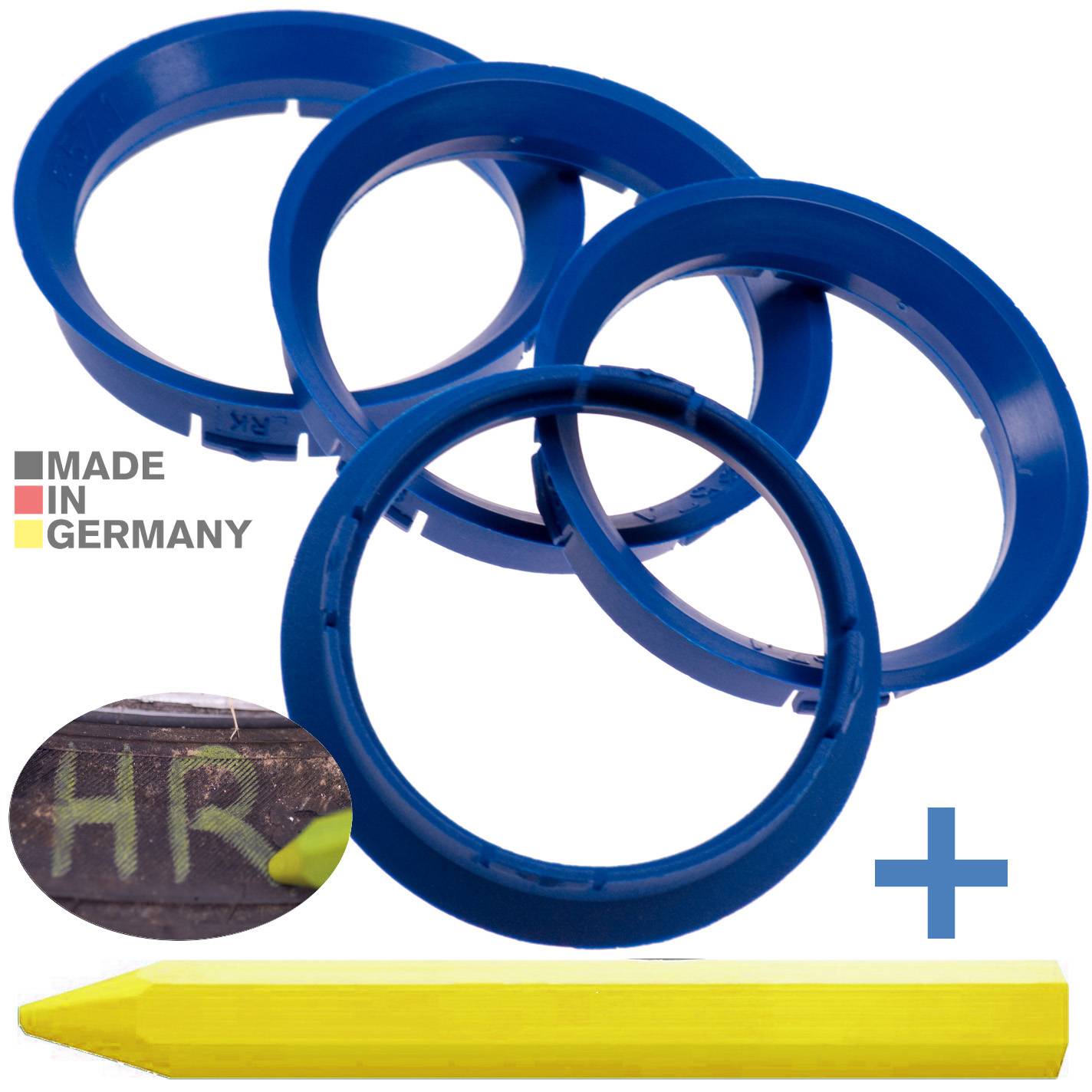 4x BRANDT Zentrierringe 63,3 x 57,1 mm Blau Radnabe Felgen Ringe + 1x Reifen Kreide Fett Stift