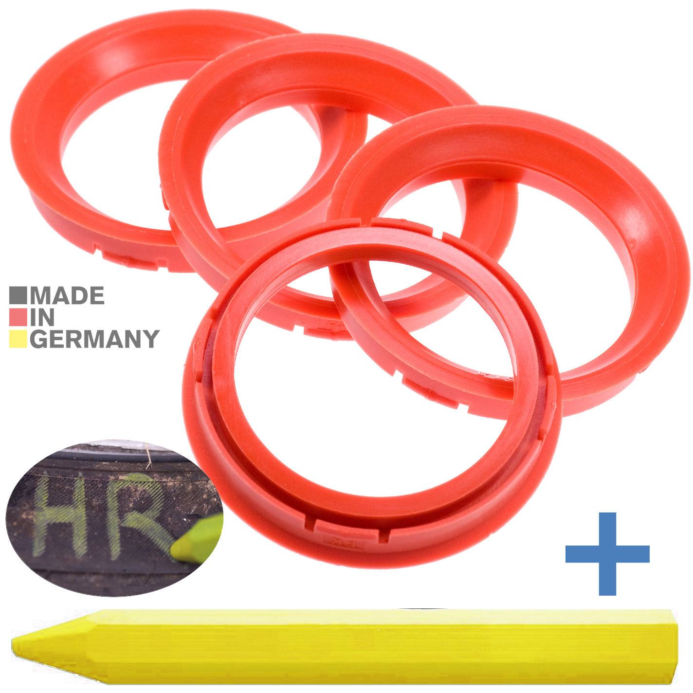 4x BRANDT Zentrierringe 73,0 x 57,1 mm Rot Radnabe Felgen Ringe + 1x Reifen Kreide Fett Stift