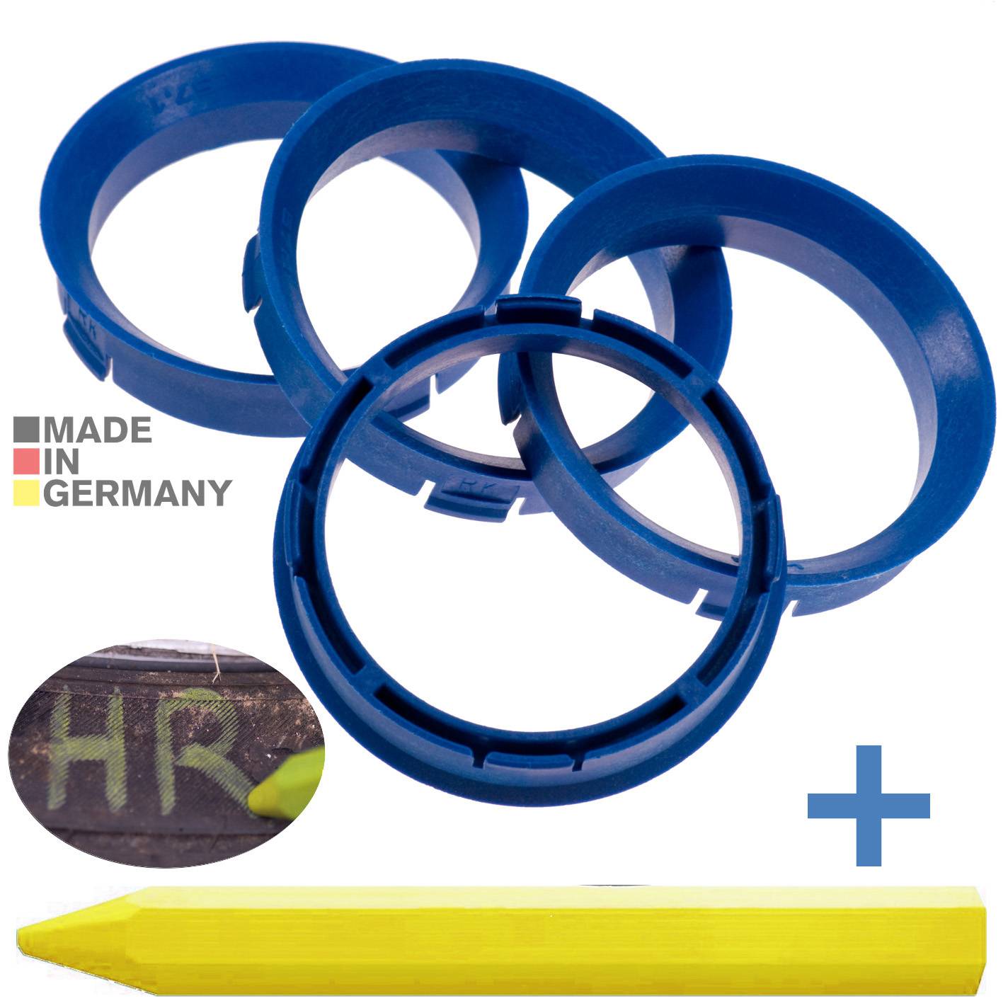 4x BRANDT Zentrierringe 66,6 x 57,1 mm Blau Radnabe Felgen Ringe + 1x Reifen Kreide Fett Stift