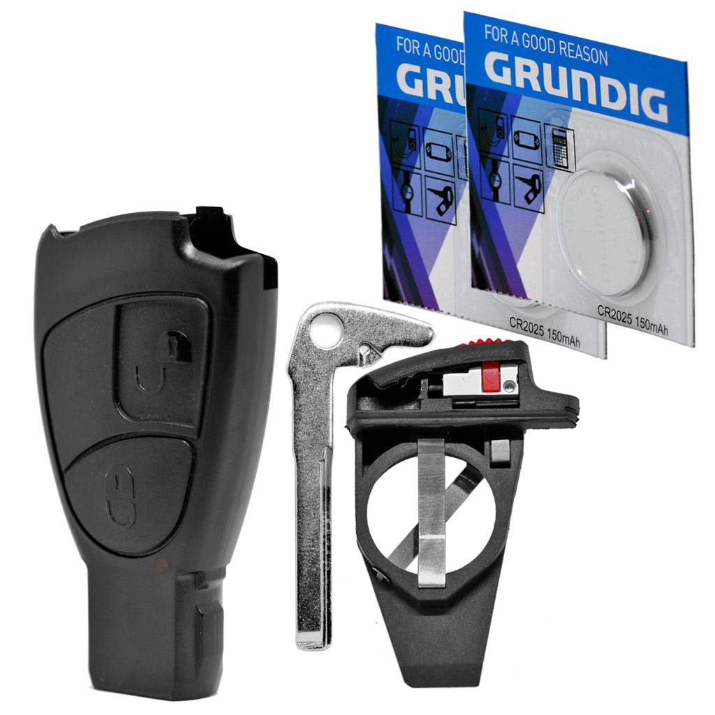 Auto Schlüssel Smartkey Funk Fernbedienung Sender Set 2 Tasten Gehäuse + Batteriehalter + Notschlüssel Rohling + 2X CR2025 Batterie kompatibel mit