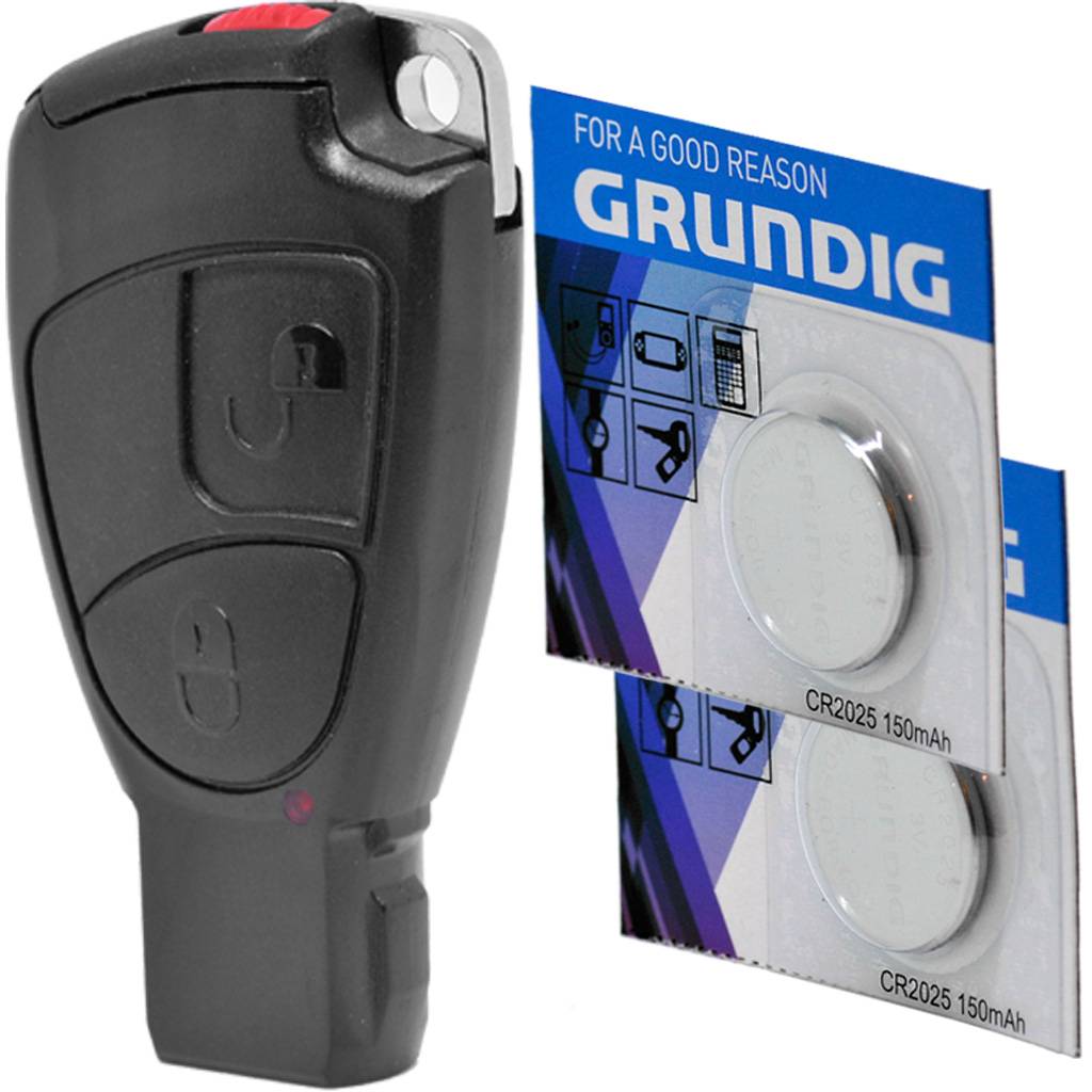 Auto Schlüssel Smartkey Funk Fernbedienung Sender Set 2 Tasten Gehäuse + Batteriehalter + Notschlüssel Rohling + 2X CR2025 Batterie kompatibel mit