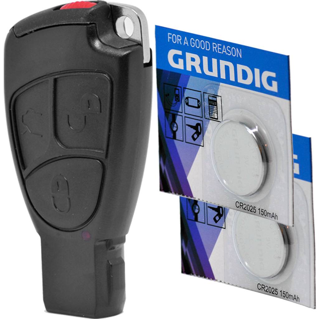 Auto Schlüssel Smartkey Funk Fernbedienung Sender Set 3 Tasten Gehäuse + Batteriehalter + Notschlüssel Rohling + 2X CR2025 Batterie kompatibel mit