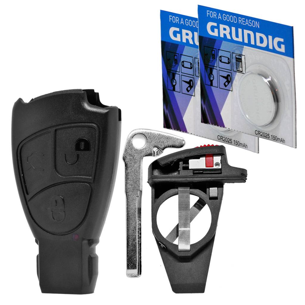 Auto Schlüssel Smartkey Funk Fernbedienung Sender Set 3 Tasten Gehäuse + Batteriehalter + Notschlüssel Rohling + 2X CR2025 Batterie kompatibel mit