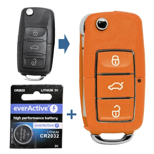 Auto Schlüssel Funk Fernbedienung 1x Gehäuse 3 Tasten Orange + 1x Rohling HA66 + 1x CR2032 Batterie kompatibel mit VW SEAT Skoda Auto Schlüssel Funk Fernbedienung 1x Gehäuse 3 Tasten Orange + 1x Rohling HA66 + 1x CR2032 Batterie kompatibel mit VW SEAT Skoda