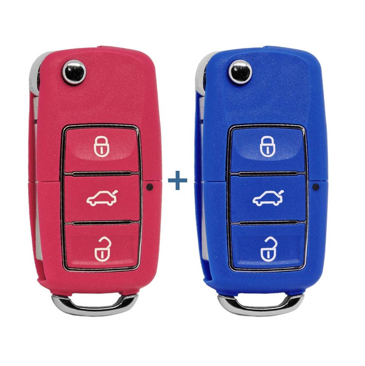 Auto Schlüssel Funk Fernbedienung 1x Gehäuse 3 Tasten Pink + 1x Gehäuse 3 Tasten Blau + 2X Rohling HAA kompatibel mit VW SEAT Skoda