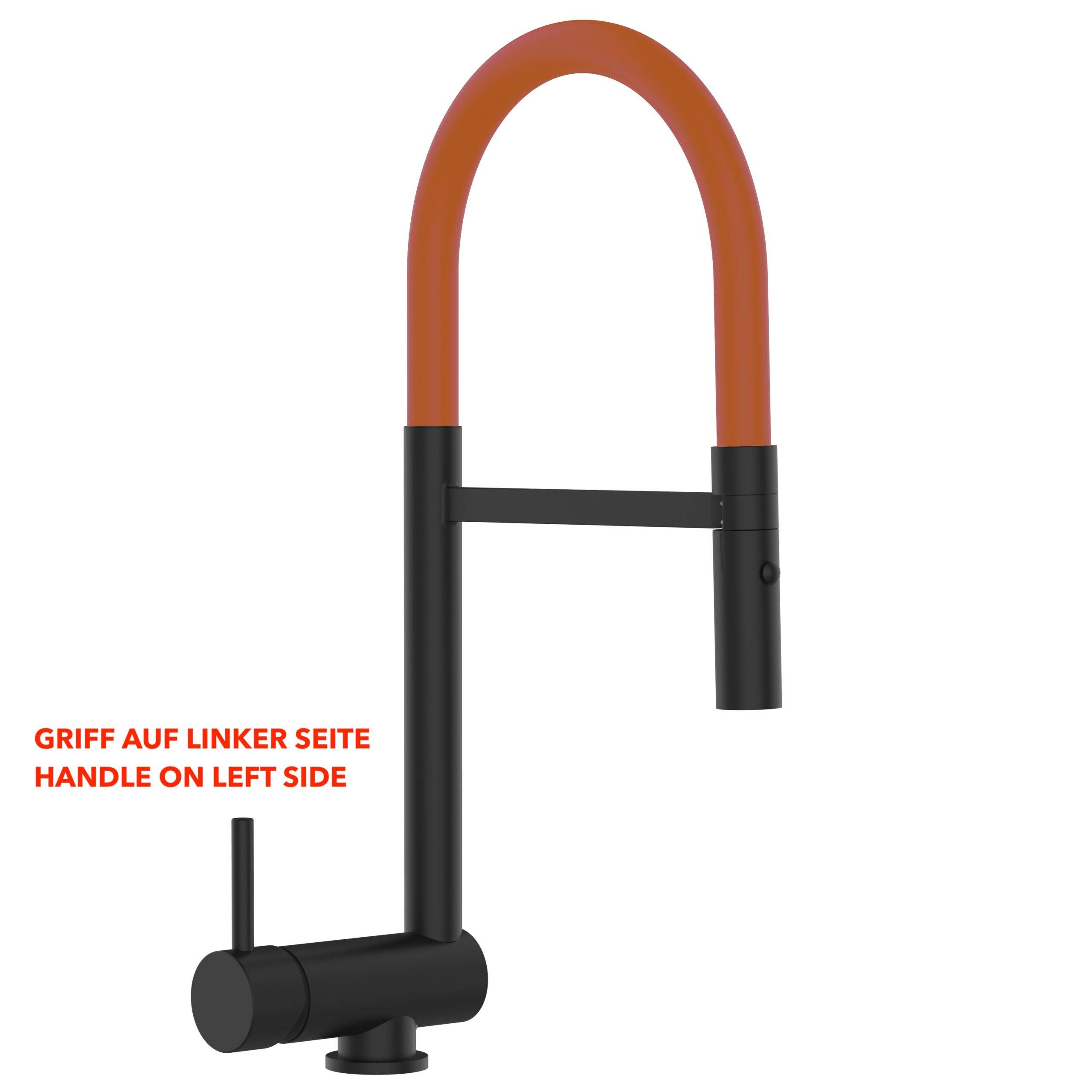Unterfenster Wasserhahn Vorfenster Umklappbar 6 CM Schwarz Matt Küchenarmatur mit 360° schwenkbarem Orange Auslauf und abnehmbare 2 strahl Handbraus