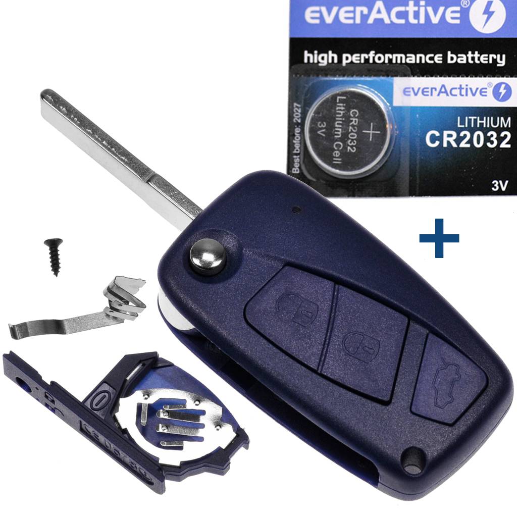 Auto Klapp Schlüssel Funk Fernbedienung 1x Gehäuse Blau 3 Tasten + 1x Rohling SIP22 + 1x CR2032 Batterie kompatibel mit FIAT Citroen Peugeot Iveco