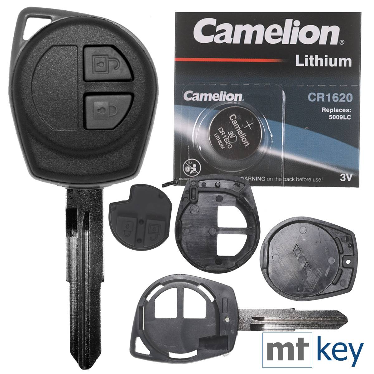 Auto Schlüssel Funk Fernbedienung 1x Gehäuse + 1x Tastenfeld + 1x fest eingegossener SZ11R Rohling + 1x CR1620 Batterie kompatibel mit Opel Suzuki