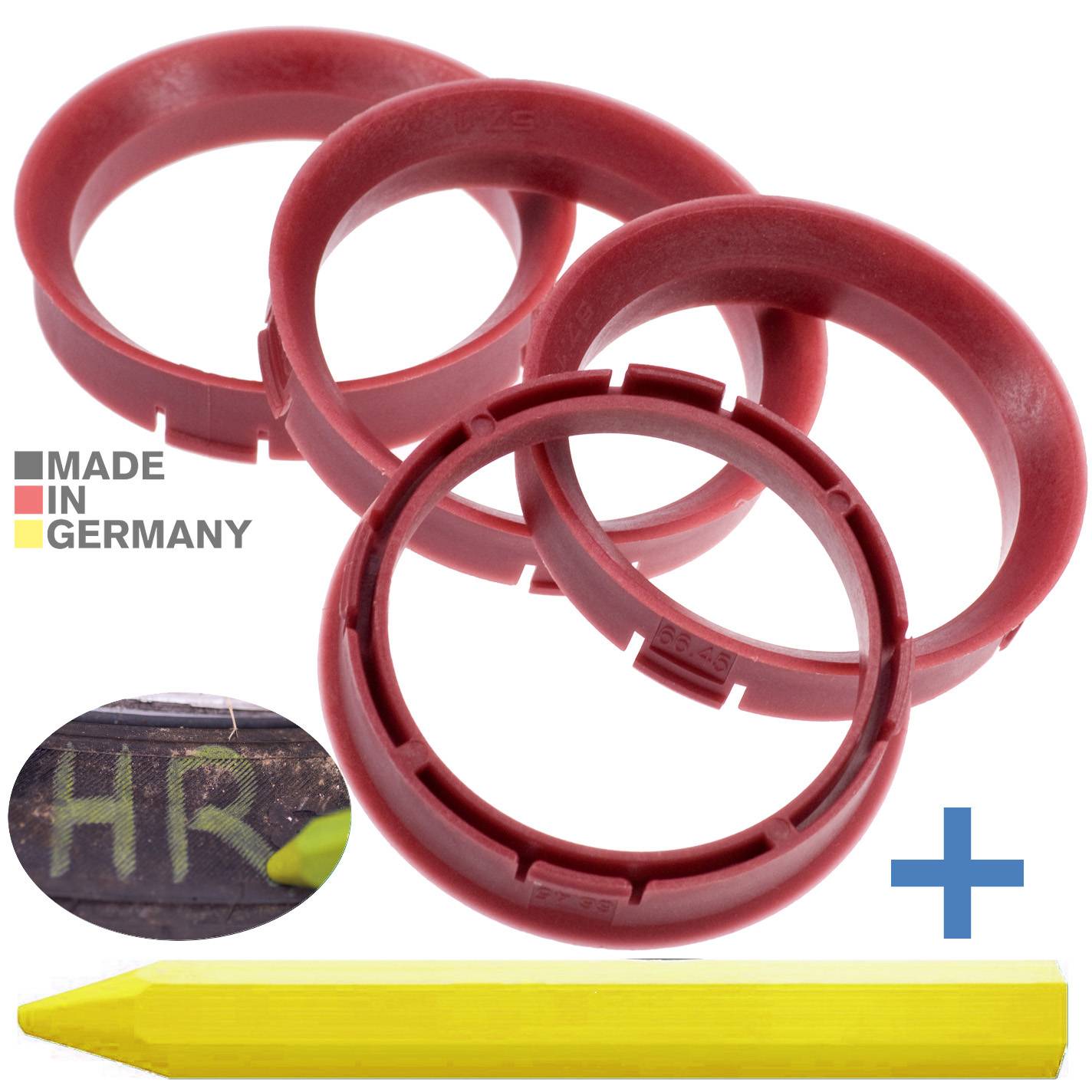 4x BRANDT Zentrierringe 66,5 x 57,1 mm Rot Radnabe Felgen Ringe + 1x Reifen Kreide Fett Stift