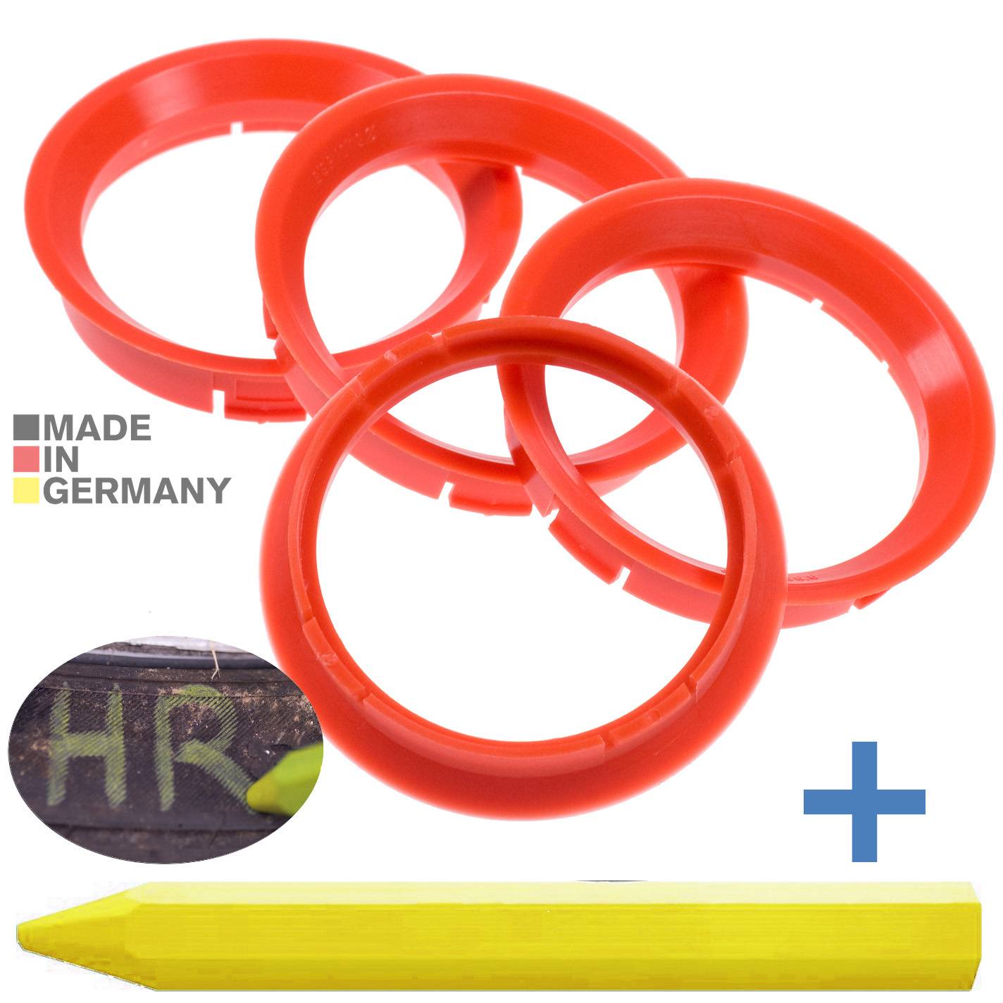 4x BRANDT Zentrierringe 64,0 x 56,6 mm Blutorange Radnabe Felgen Ringe + 1x Reifen Kreide Fett Stift
