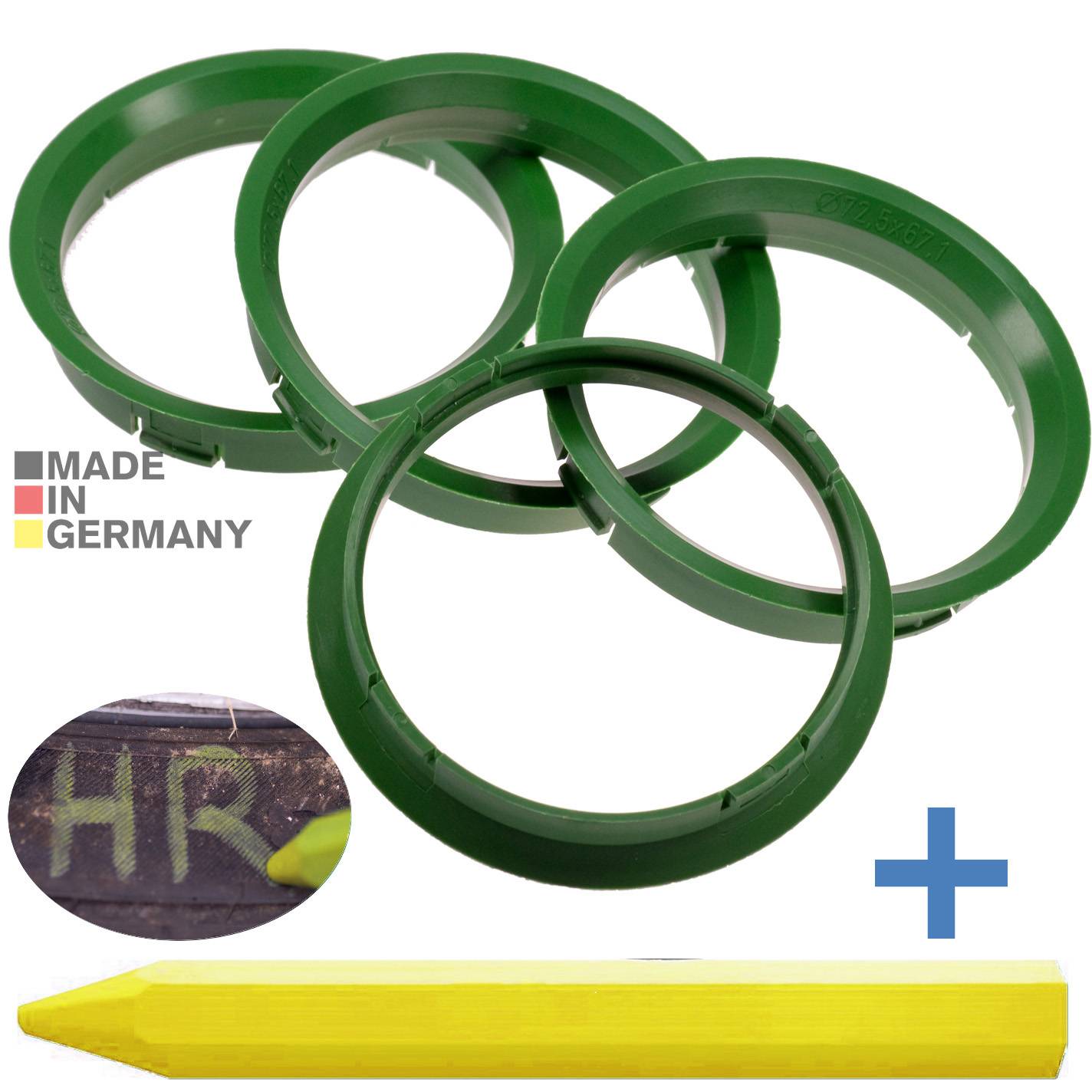 4x BRANDT Zentrierringe 72,5 x 67,1 mm Grün Radnabe Felgen Ringe + 1x Reifen Kreide Fett Stift