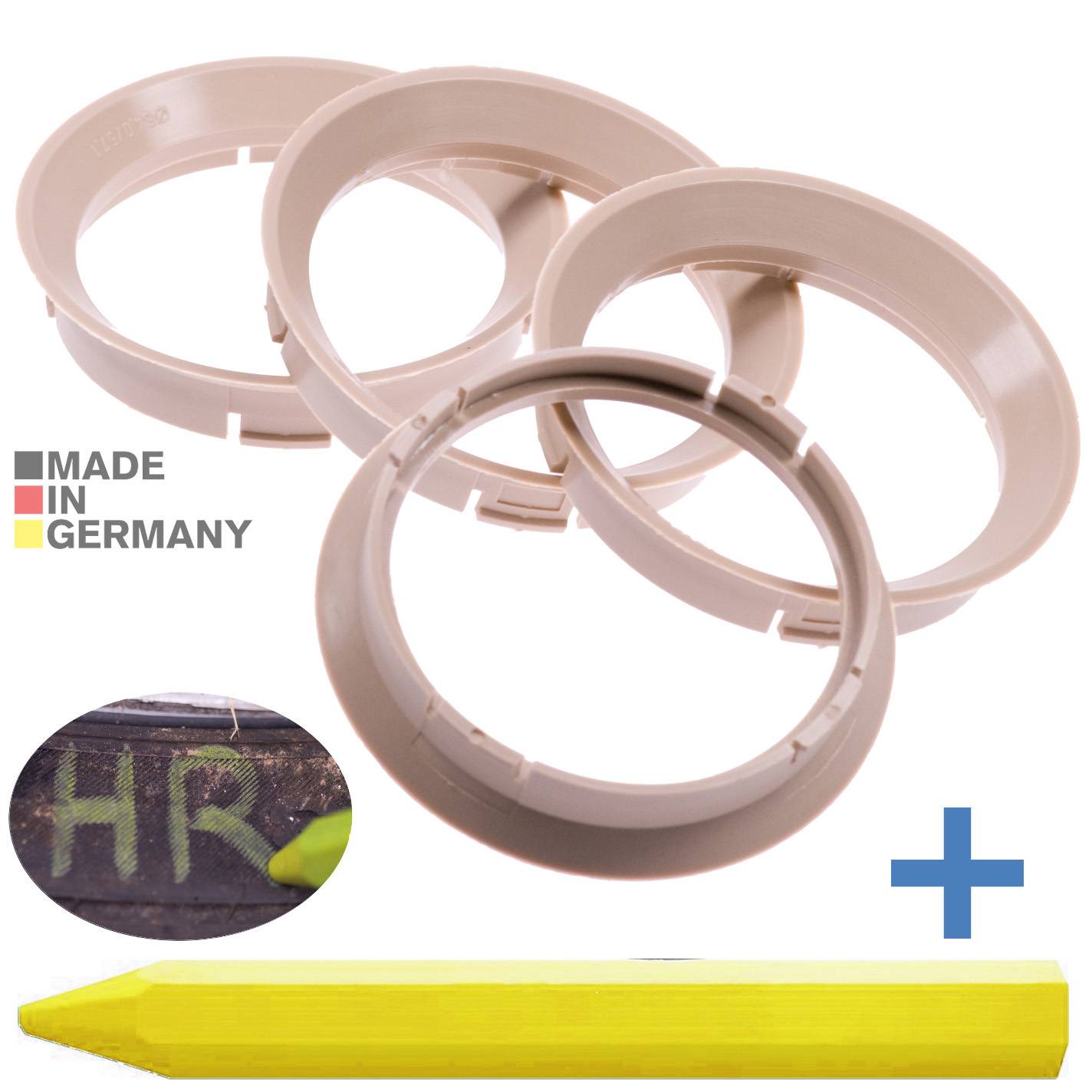 4x BRANDT Zentrierringe 64,0 x 57,1 mm Beige Radnabe Felgen Ringe + 1x Reifen Kreide Fett Stift