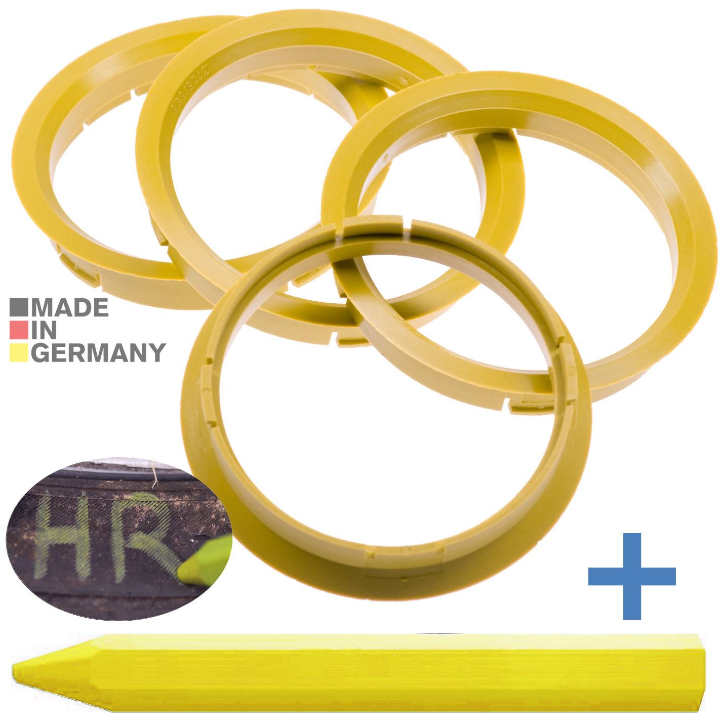 4x BRANDT Zentrierringe 72,5 x 66,6 mm Gelb Radnabe Felgen Ringe + 1x Reifen Kreide Fett Stift