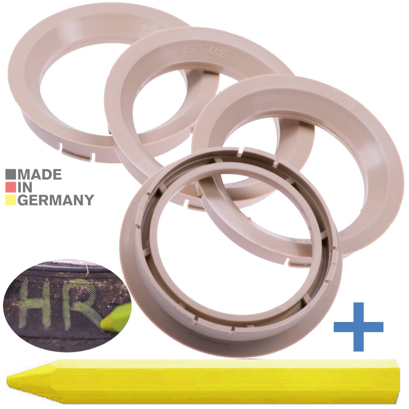 4x BRANDT Zentrierringe 72,5 x 57,1 mm Beige Radnabe Felgen Ringe + 1x Reifen Kreide Fett Stift