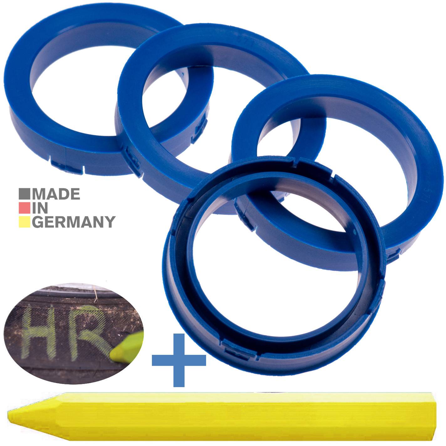 4x BRANDT Zentrierringe 73,1 x 57,1 mm Blau Radnabe Felgen Ringe + 1x Reifen Kreide Fett Stift
