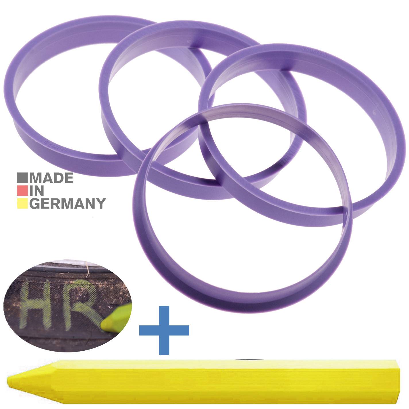 4x BRANDT Zentrierringe 74,1 x 72,6 mm Lila Radnabe Felgen Ringe + 1x Reifen Kreide Fett Stift