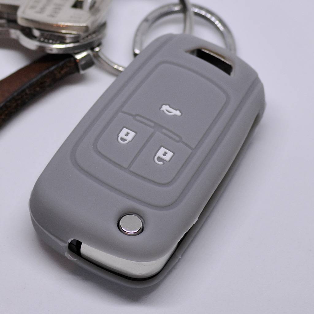 Auto Schlüssel Silikon Schutz Hülle Grau kompatibel mit Opel Insignia Zafira Meriva ab 2008 Chevrolet Cruze Trax Matiz Aveo Spark 3 Tasten Klappschl