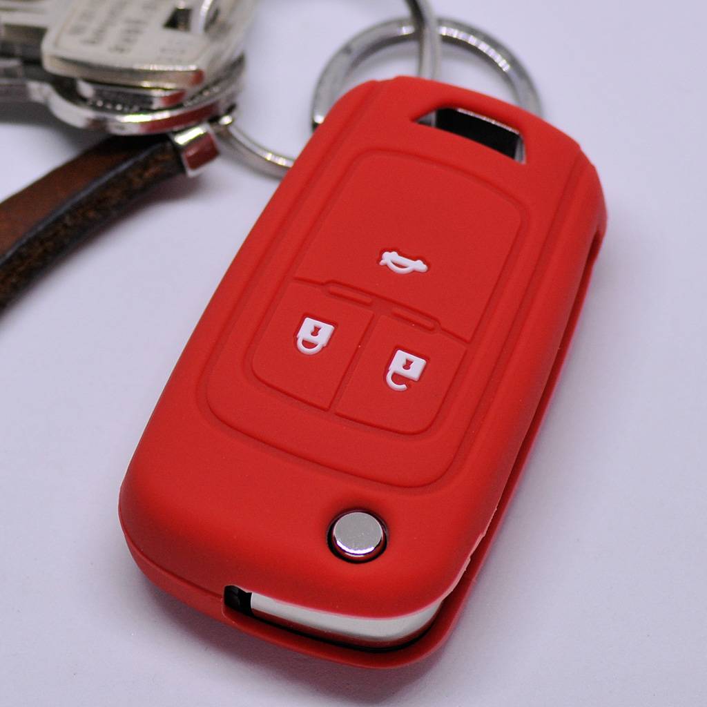 Auto Schlüssel Silikon Schutz Hülle Rot kompatibel mit Opel Insignia Zafira Meriva ab 2008 Chevrolet Cruze Trax Matiz Aveo Spark 3 Tasten Klappschl