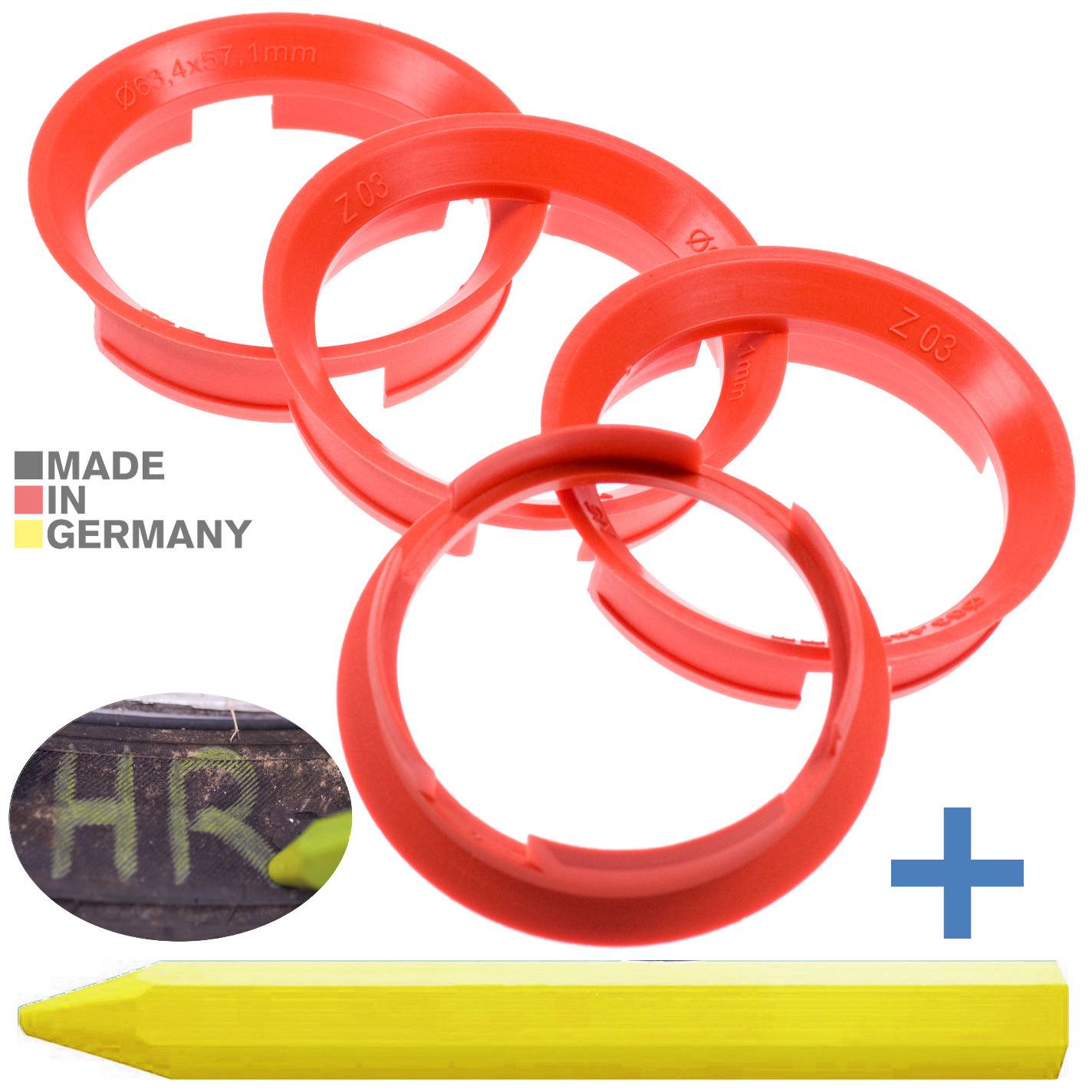4x BRANDT Zentrierringe 63,4 x 57,1 mm Rot Radnabe Felgen Ringe + 1x Reifen Kreide Fett Stift
