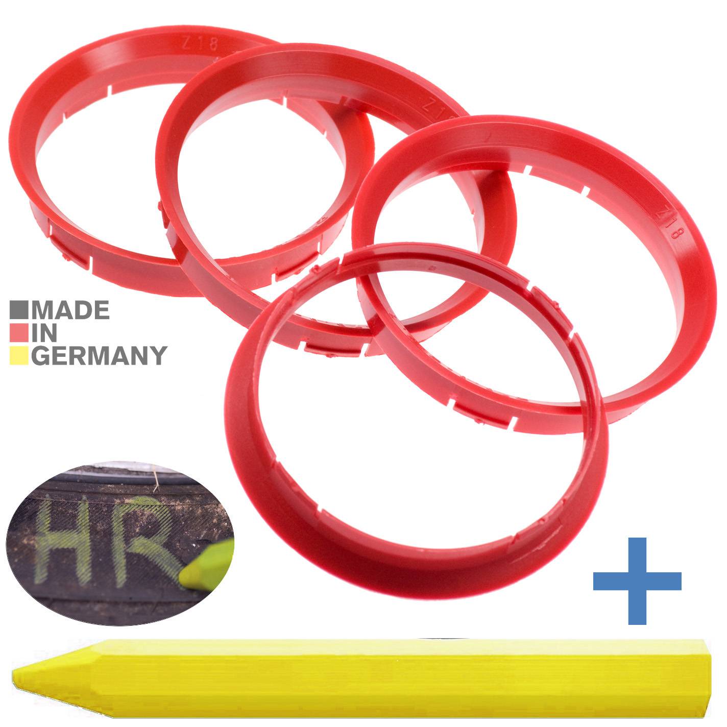 4x BRANDT Zentrierringe 76,0 x 72,6 mm Rot Radnabe Felgen Ringe + 1x Reifen Kreide Fett Stift