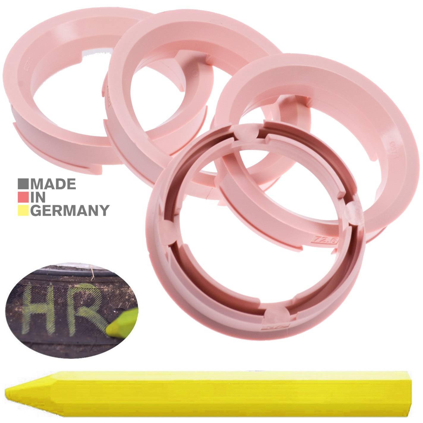 4x BRANDT Zentrierringe 72,6 x 57,1 mm Rosa Radnabe Felgen Ringe + 1x Reifen Kreide Fett Stift