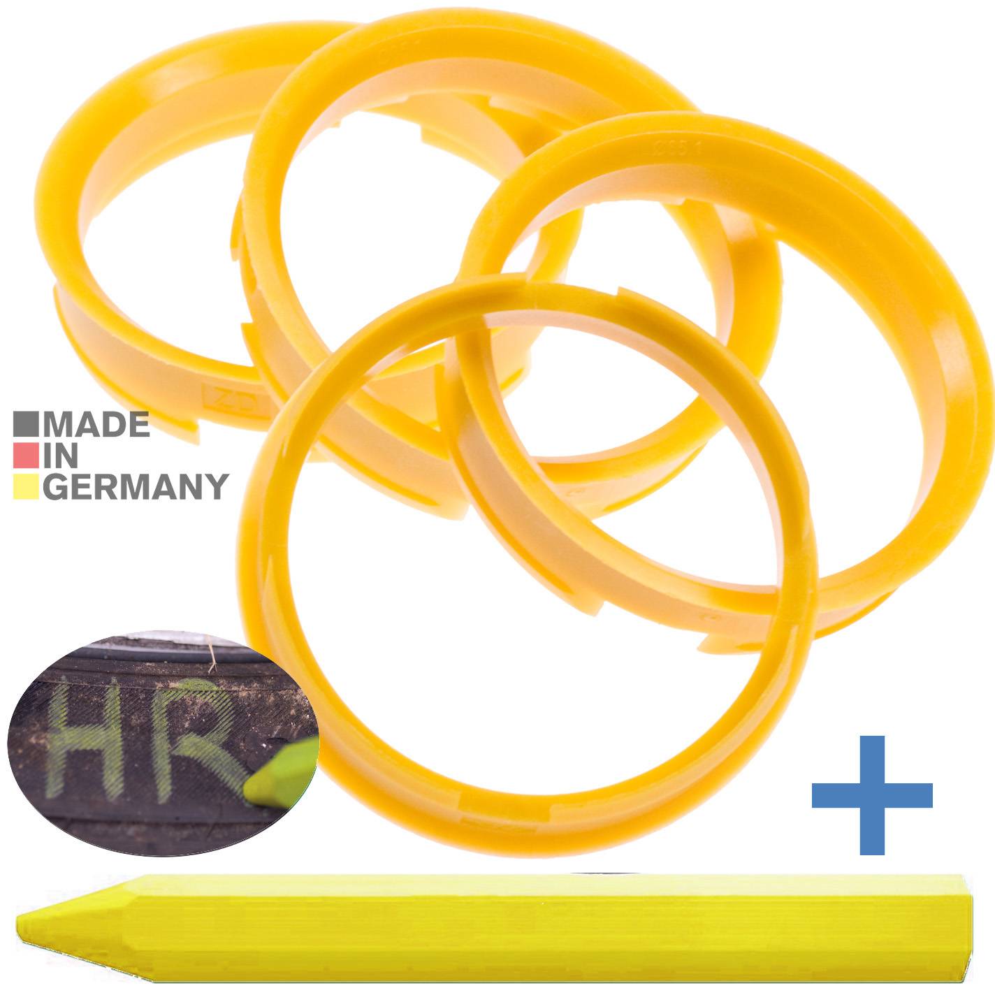 4x BRANDT Zentrierringe 72,6 x 65,1 mm Gelb Radnabe Felgen Ringe + 1x Reifen Kreide Fett Stift