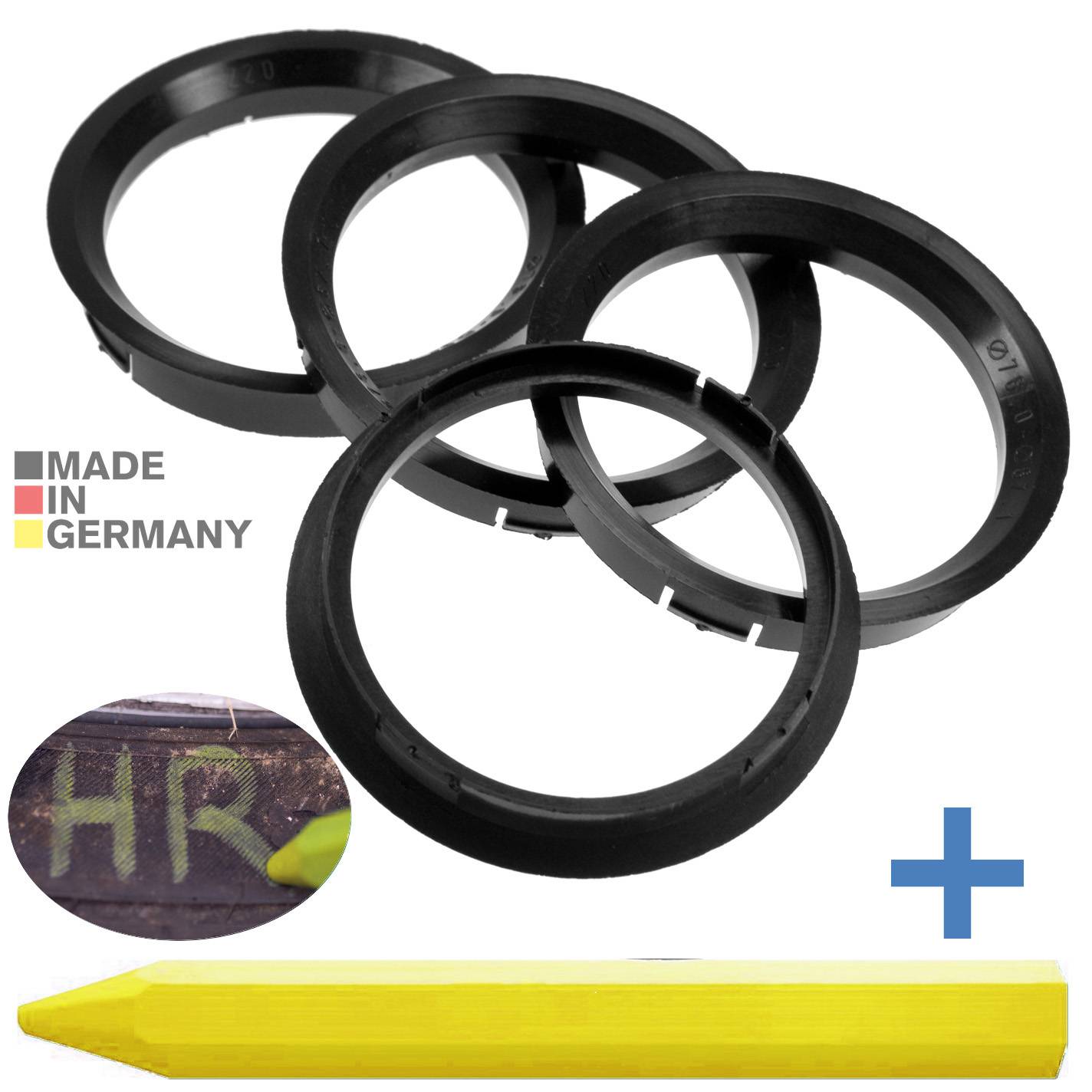 4x BRANDT Zentrierringe 76,0 x 67,1 mm Schwarz Radnabe Felgen Ringe + 1x Reifen Kreide Fett Stift