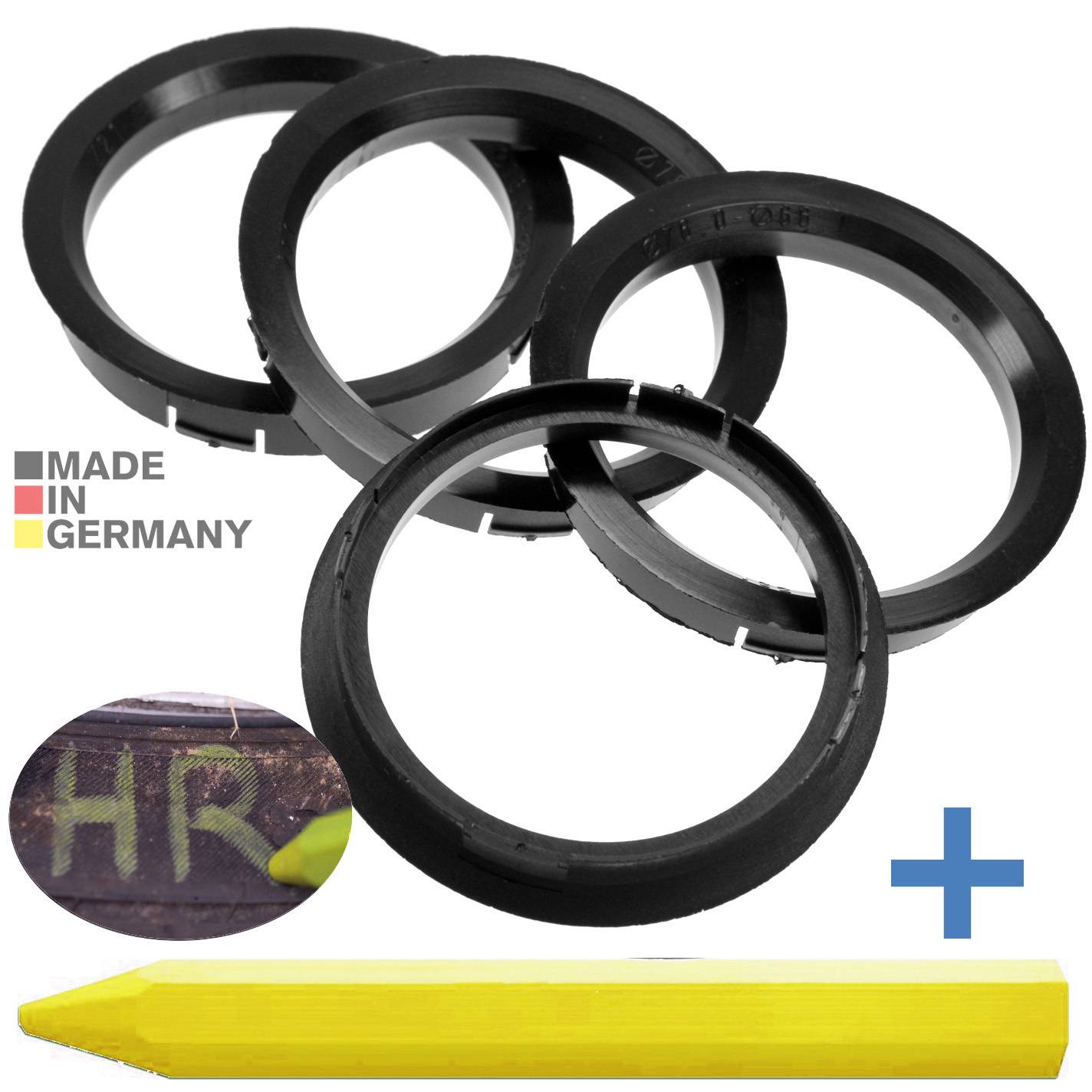 4x BRANDT Zentrierringe 76,0 x 66,1 mm Schwarz Radnabe Felgen Ringe + 1x Reifen Kreide Fett Stift