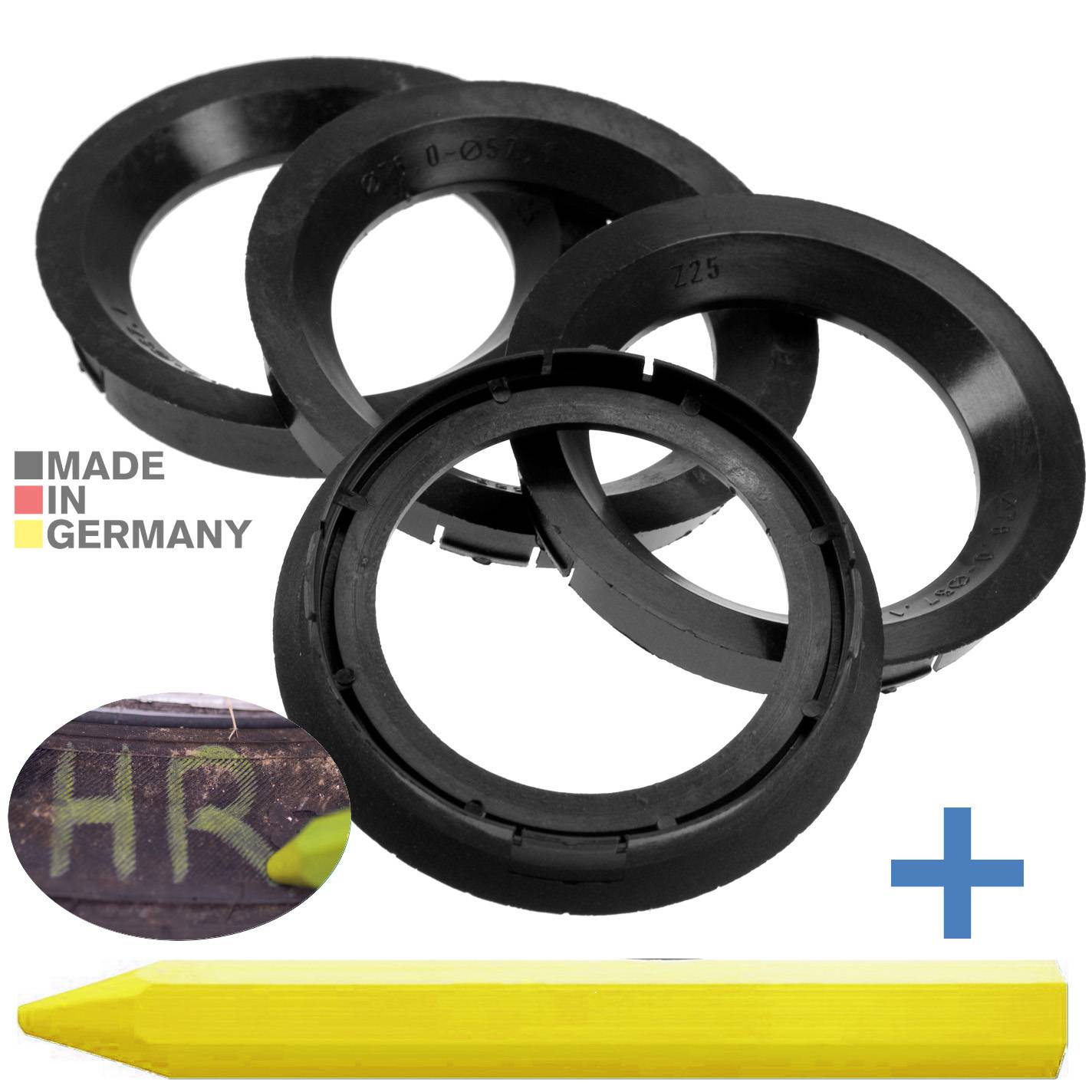 4x BRANDT Zentrierringe 76,0 x 57,1 mm Schwarz Radnabe Felgen Ringe + 1x Reifen Kreide Fett Stift