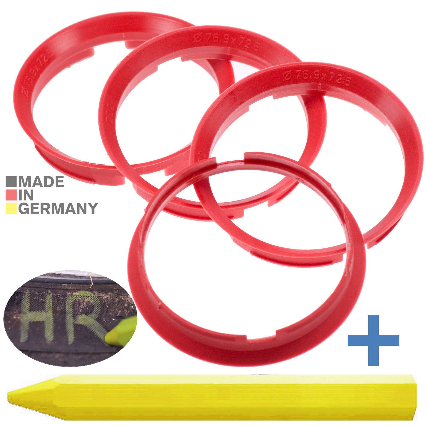 4x BRANDT Zentrierringe 76,9 x 72,6 mm Kirschrot Radnabe Felgen Ringe + 1x Reifen Kreide Fett Stift