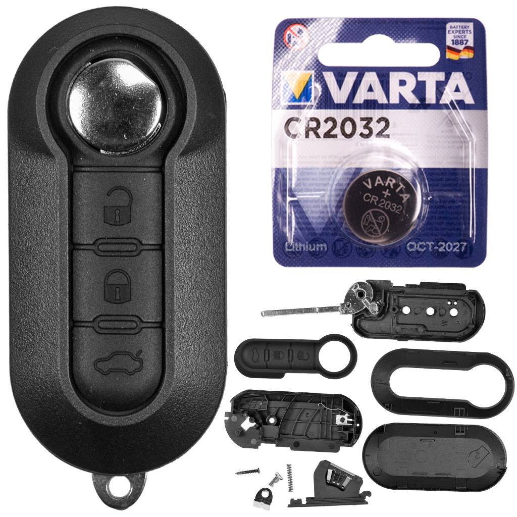 Auto Schlüsselgehäuse + Batterie kompatibel mit Fiat 500 Punto Evo Bravo Ducato III Doblo Qubo Peugeot Boxer Citroen Jumper Iveco Daily Opel Combo