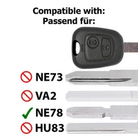 Autoschlüssel Funk Fernbedienung Austausch Gehäuse mit 2 Tasten + NE78 Rohling + Batterie kompatibel mit Peugeot 406 Autoschlüssel Funk Fernbedienung Austausch Gehäuse mit 2 Tasten + NE78 Rohling + Batterie kompatibel mit Peugeot 406