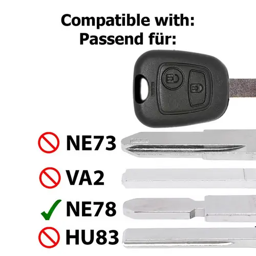 Autoschlüssel Funk Fernbedienung Austausch Gehäuse mit 2 Tasten + NE78 Rohling + Batterie kompatibel mit Peugeot 406 Autoschlüssel Funk Fernbedienung Austausch Gehäuse mit 2 Tasten + NE78 Rohling + Batterie kompatibel mit Peugeot 406