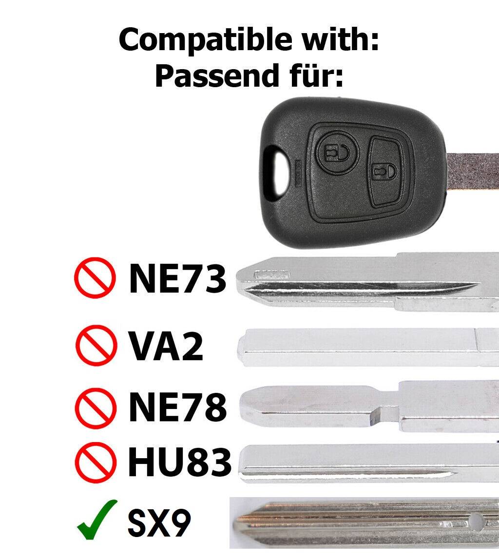 Autoschlüssel Funk Fernbedienung Austausch Gehäuse mit 2 Tasten + SX9 Rohling + Batterie kompatibel mit Citroen XSARA Picasso Berlingo Peugeot Partn